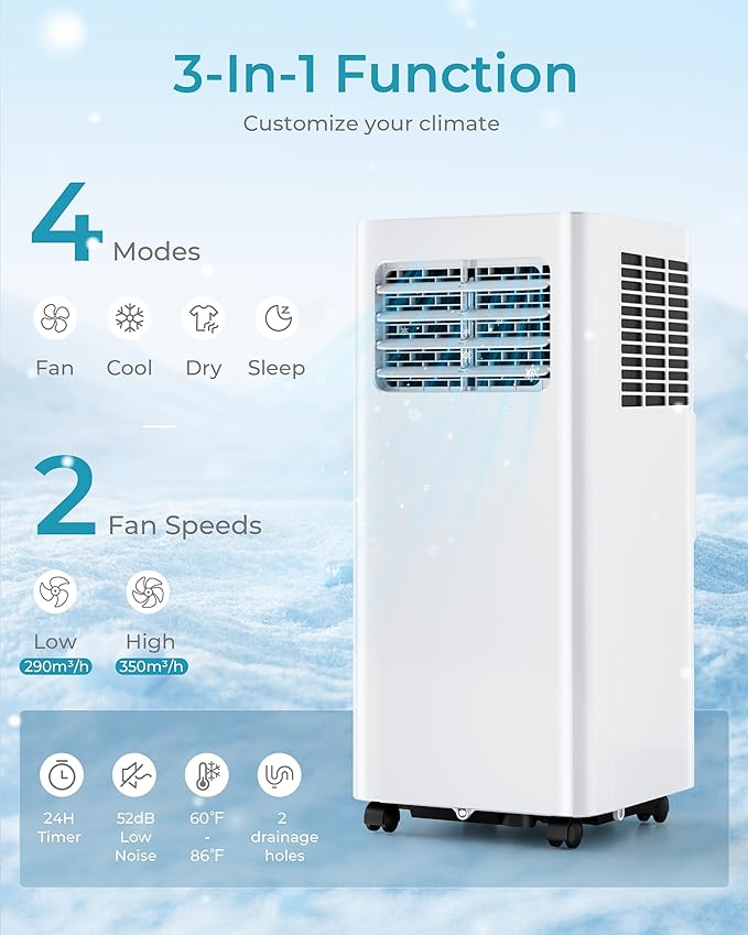 EUHOMY 10000 Btu Portable Air Conditioners, 4 in 1 Portable AC with Cool, Dry, Fan, Sleep Modes, Room Air Conditioners with 52dB & 24H Timer, with Remote, for Bedroom, Rooms, Apartment up to 450 Sq.Ft