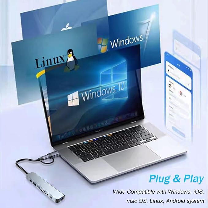 USB C Hub USB Hub 3.0, VIENON Aluminum 8 in 1 USB Splitter with 1 x USB 3.0, 3 x USB 2.0 and 1 x USB C, SD/TF Card Reader, 3.5mm Aux Ports for MacBook Pro Air and More PC/Laptop/Tablet Devices