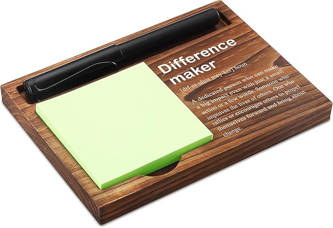 Difference Maker Sticky Note Holder Wooden Notepad & Pen Holder 6.5" x 4.7" Sticky Note Pad Holder Dispenser for Desk Difference Maker Definition Work Gifts, NPA183