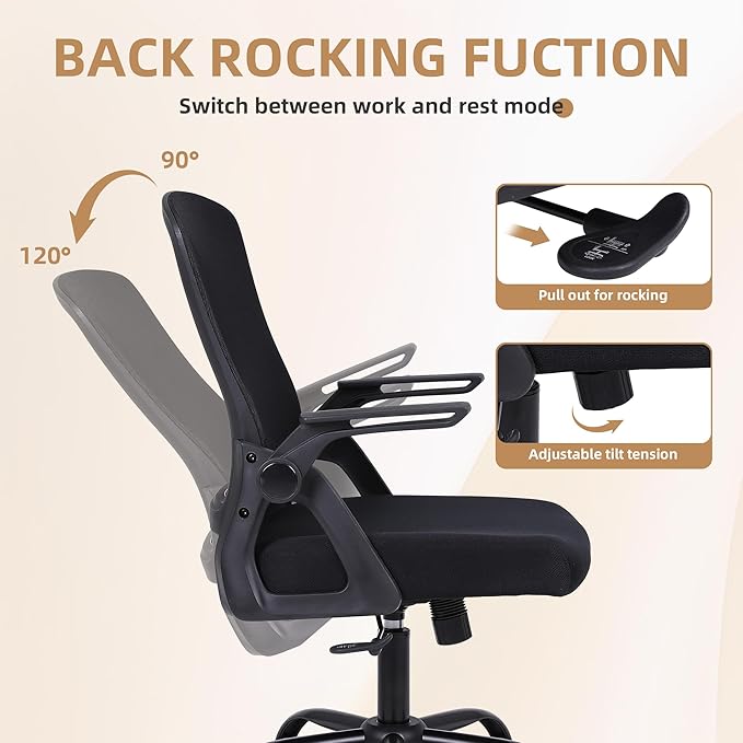 Office Chair, Ergonomic Desk Chair with Lumbar Support, Breathable Mesh Chair with Flip-up Armrests and Mid Back, Comfy Task Computer Height Adjustable Swivel Chair (1, Black)