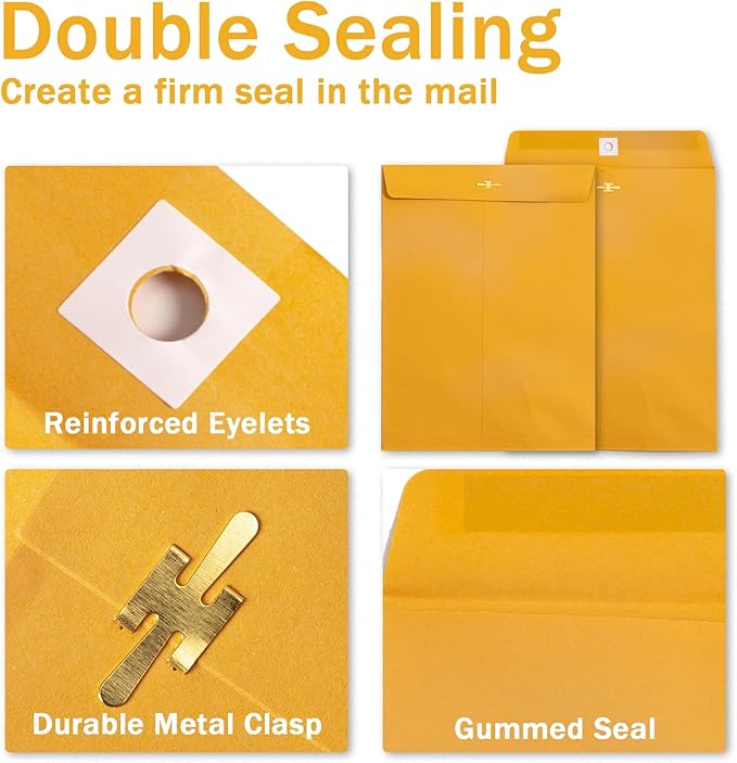 10x13 Clasp Envelopes 20 Pack, Goefun Large Brown Yellow Manilla Envelopes 10x13 with Clasp and Gummed Seal for Office - 100GSM Kraft Paper