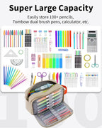 Sooez Big Capacity Pencil Case, Upgraded Canvas Pencil Pouch Large Pencil Bag Organizer, Separate Compartments Easy Grip Handle, Aesthetic Supply for School Teens Adults,Beige Pen Case