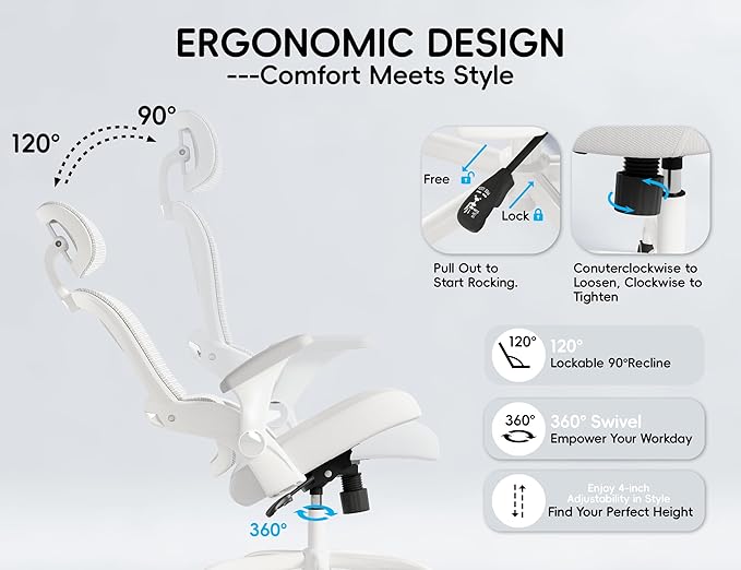 TRALT Office Chair - Ergonomic Office Chair with Back Support, Computer Chair - Home Office Desk Chairs, 330lbs Wide Seat Big and Tall Office Chairs with Headrest, Comfy Desk Chairs (White)