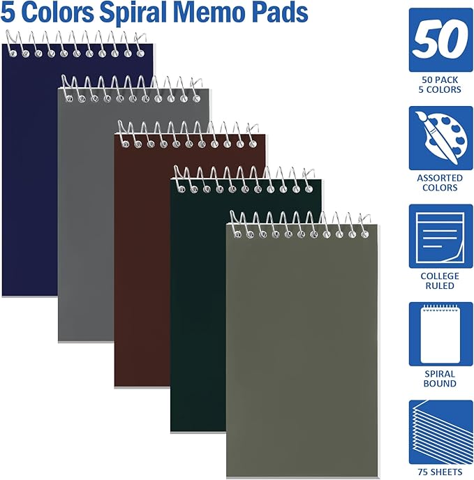 Teling 50 Pieces Spiral Memo Pads Bulk 3 x 5 Inch Small Note Pads Top Bound Lined College Ruled Paper Mini Notepad Pocket Spiral Notebooks for School Office Home Supplies, 75 Sheets (Dark Colors)