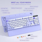 Wireless Keyboard, Round Keycaps, Retro Typewriter Keyboard with Detachable Wrist Rest, Sleep Mode, Foldable Legs, 2.4GHz Full-size Cordless Computer Keyboard for Windows/PC/Laptop (Colorful-Purple)