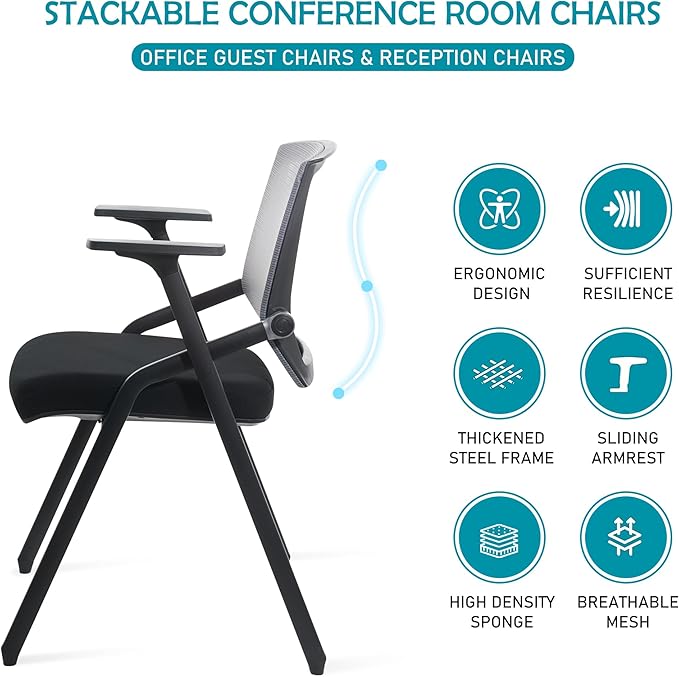 Conference Room Chairs, Folding Office Desk Chair with Lumbar Support and Sliding Armrest, Stackable Office Guest Chairs & Reception Chairs(12 Pack)