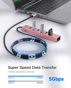 Aluminum USB 3.0 Adapter USB to Ethernet HUB with 120CM Long Cable for Laptop USB Extender with Gigabit Ethernet Port and 5V/3A Power Port 7 Ports USB Hub for iMac PC Flash Drives (Rose Gold)