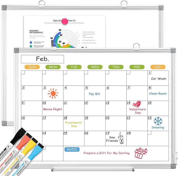 Dry Erase Calendar Whiteboard for Wall, 24" x 18" Magnetic Monthly White Board Calendar, Hanging Double-Sided White Board for Planning, Memo, School, Home, Office