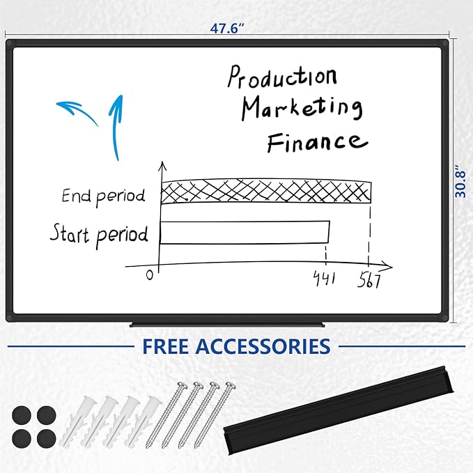 XBoard Magnetic Whiteboard 48 x 31 inch - Dry Erase Board with Black Aluminum Frame, White Board with Detachable Marker Tray