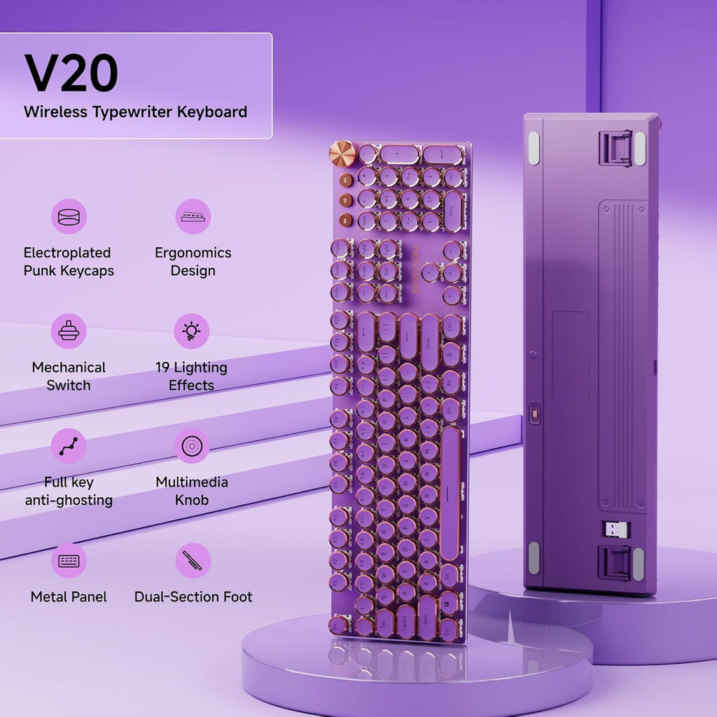 EWEADN V20 Typewriter Keyboard Wireless, 104 Keys Typewriter Style Mechanical with White Backlit, Media Knob, Pink Switch 2.4G/Bluetooth/USB-C Wired Retro Full Size Keyboard for Windows/Mac/PC-Purple