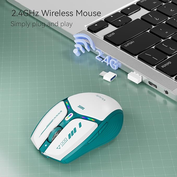 Uciefy V19 Wireless Mouse, 2.4GHz Rechargeable Mouse LED with Battery Indicator, Magnetic Computer Mice with USB Receiver & Type-C Adapter for Laptop/PC/Mac/Chromebook - Green