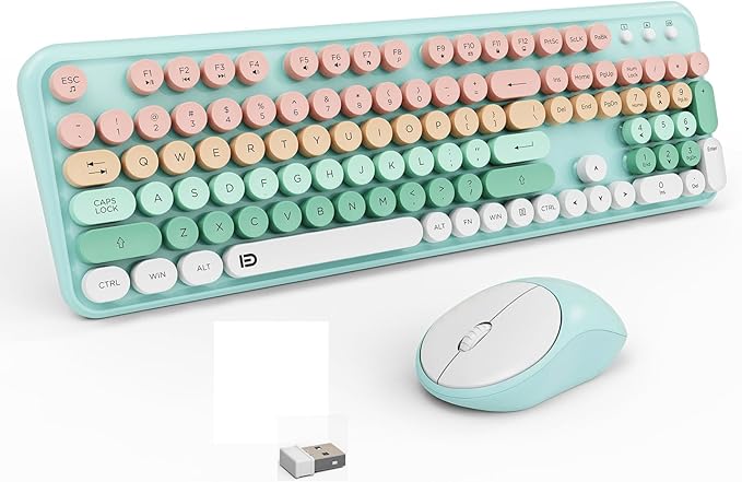 Wireless Keyboard and Mouse Combo, 2.4 GHz Wireless Full-Sized Typewriter Mouse and Keyboard with Round Keycaps for Windows, Computer, Desktop, PC, Laptop (PinkBlue)