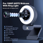 Zoomable Webcam with Remote Control, 1080P 60FPS Streaming with Ring Light and Microphone, Pro USB Webcam with 5X Digital Zoom and Privacy Cover for Zoom/Skype/Teams/PC/Laptop/Mac
