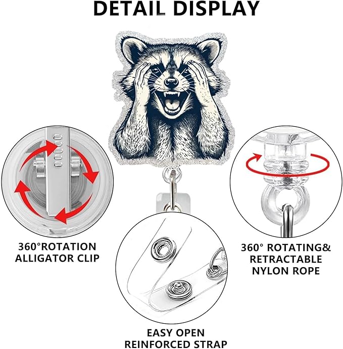 Cute Raccoon Retractable Reel Badge ID Card Clip Acrylic Badge Holder with 360°Rotation Rotundity Metal Alligator Clip Designs Nursing Name Tag for Nurse Doctor Office Worker Accessories