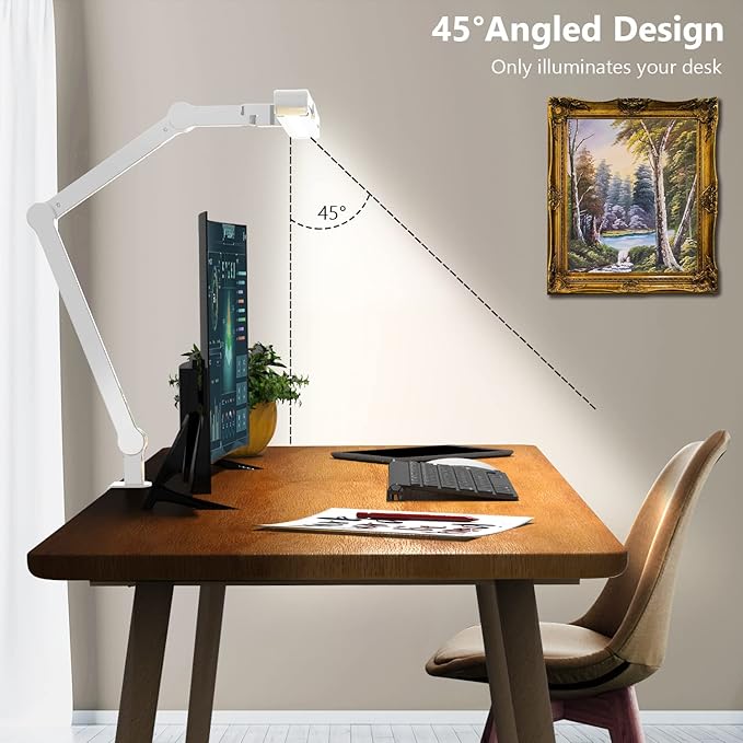Micomlan Led Desk Lamp for Home Office, White Architect Desk Lamp with Clamp for Crafting, 24W Bright Rotatable Led Table Light Stepless Dimming Tempering Wide Computer Light with Atmosphere Lighting