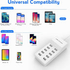 USB Charger Station Block with Rapid Charging Auto Detect Technology Safety Guaranteed 10-Port Family-Sized Smart USB Ports for Multiple Devices Smart Phone Tablet Headphones