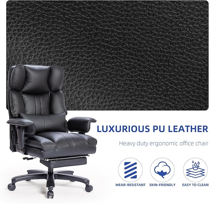 Big and Tall Office Chair 500lbs Wide Seat Executive Office Desk Chair High-Back Office Task Chair with Foot Rest, Ergonomic Lumbar Support Computer Office Chairs for Heavy People(Black)