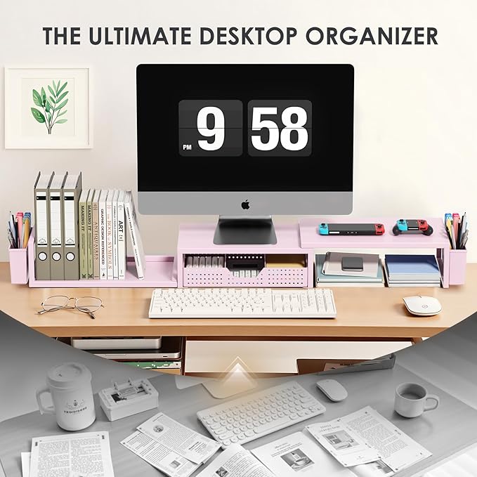 Pink Desk Organizers and Accessories for Women, Dual Computer Monitor Stand Riser with Drawer and 2 Pen Holders, Office Desk Accessories, Workspace Desktop Organization for Office Supplies