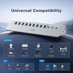 Powered USB Hub 10Gbps, intpw 12 Port USB C Hub with 10Gbps USB C 3.2, 2 USB A 3.2, 7 USB 3.0, 2 PD 45W Charging Ports, 65W Power Adapter and 3.3FT Cable, Aluminum USB Hub for Laptop, iPhone16/15, PC