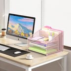 samstar Pink Desk File Organizer, Mesh Letter File Folder Holder with 3 Paper Trays and 2 Vertical Upright Section, for Office Supplies, Desk Accessories & Workspace, Pink