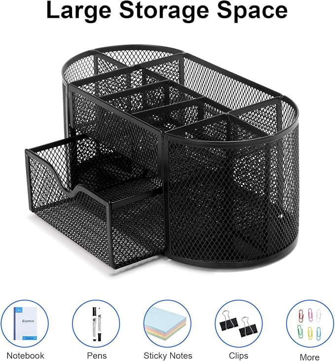 Comix Mesh Pen Pencil Holder Desk Organizer, 8 Compartment and 1 Drawer Wire Desktop Pen Pencil Cup Caddy Office Supplies Accessories for Home Office School, Black
