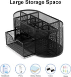 Comix Mesh Pen Pencil Holder Desk Organizer, 8 Compartment and 1 Drawer Wire Desktop Pen Pencil Cup Caddy Office Supplies Accessories for Home Office School, Black