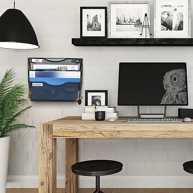 Wall File Organizer, 3 Tire Hanging File Folder Mail Organizer, Vertical Mesh Metal Door/Wall Mount Hanging File Holder, Paper Document Magazine Rack with Hooks for Home Office Black