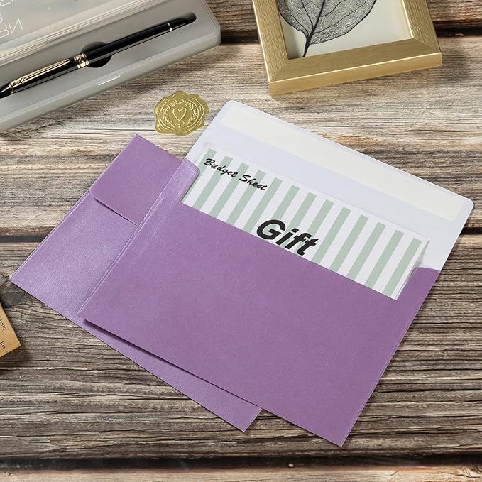 50 Pieces Metallic Color Self Seal Envelopes for Greeting Cards, Invitations, Postcards (Purple, 4x6)