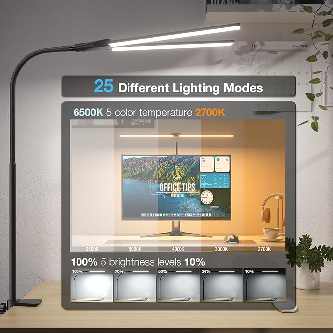 LED Desk Lamp for Home Office, Bright Double Head Desk Lamp with Clamp, Dimmable 5 Color Modes Desk Lighting, 12W Eye-Caring Architect Table Lamp for Workbench, Monitor, Reading, Study, 1400lm