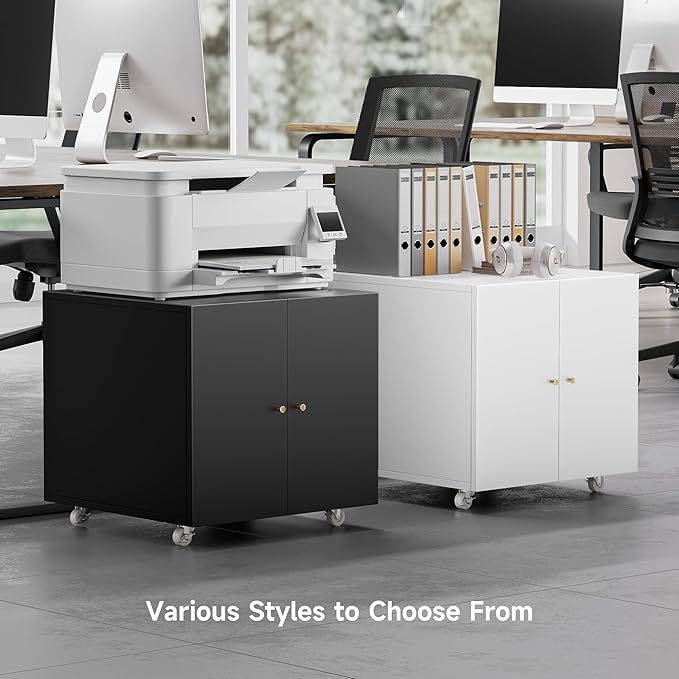 Warmiehomy Metal Printer Stand with Storage Mobile Printer Tables for Small Spaces with Door Adjustable Shelf File Cabinet on Wheels for Home Office (White)