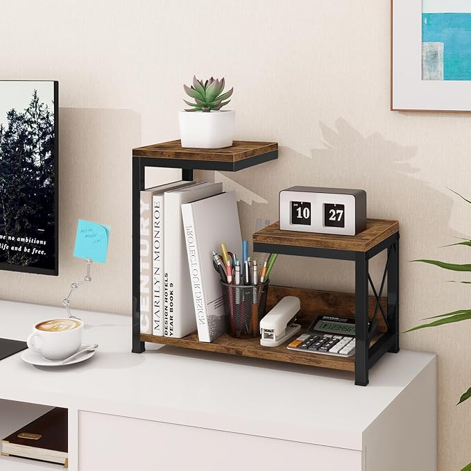 ELITEROO Desktop Shelf Organizer, 3 Tier Office Shelves, Wood Desk Organizers Storage Rack and Freestanding Display Shelf for Office, Dormitory, Home, Rustic Brown