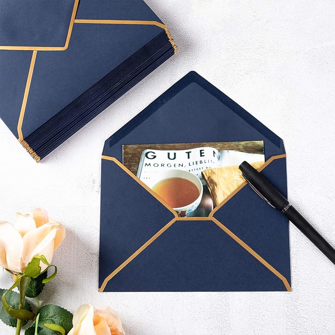 50 Pack Navy Blue A6 Envelopes 4x6 Self-Adhesive V Flap Envelopes with Gold Border for Office, Wedding Gift Cards, Invitations, Graduation, Baby Shower, Parties (4.75x6.5 inches)