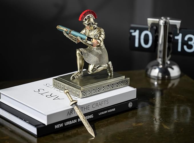 Roman Praetorian Warrior Knight Pen Holder Desk Ornament Resin Pencil Holder Desk Accessories and Organizer for Office with a Letter Opener (Bronze)