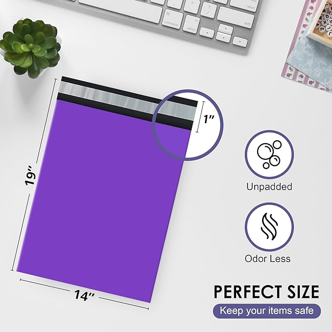Purple Large Poly Mailers 14.5x19 Inch | Strong Adhesive Self-Seal Mailer Bag | Tear, Tamper, Water Resistant Shipping Envelopes | Thick Strong polymailer Bags | Clothing Shipping Bags | 500 Pcs Bulk