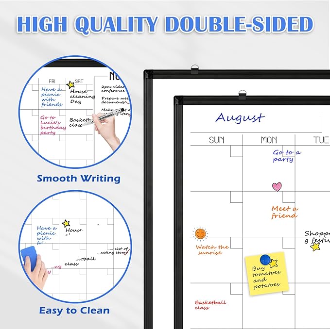 WALGLASS Dry Erase Calendar Whiteboard, 48" x 36" Monthly Large Dry Erase Calendar for Wall, Double-Sided Hanging White Board with Black Aluminum Frame for Home, School, Office, Kitchen