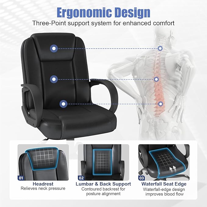 ZZH Executive Office Chair, Leather Desk Computer Chair with Armrests, Mid-Back Swivel Adjustable for Home Office, 4PC, Black