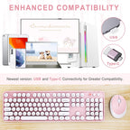 Wireless Keyboard and Mouse Combo, Ergonomic Full Size Typewriter Retro Round Keycaps Keyboard, Compatible with Windows, PC, Perfer for Home and Office Keyboards (Lovely Pink)