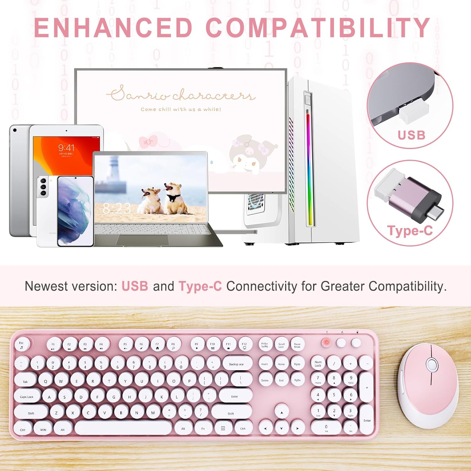 Wireless Keyboard and Mouse Combo, Ergonomic Full Size Typewriter Retro Round Keycaps Keyboard, Compatible with Windows, PC, Perfer for Home and Office Keyboards (Lovely Pink)