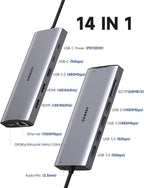 USB C Docking Station 3 Monitors 4K@60Hz, 14-in-1 Laptop Docking Station with 2 HDMI 4K@60Hz, DP 8K@30Hz/ 4K@144Hz, 3 USB 3.0, 2 USB 2.0, RJ45, Audio, PD 100W, USB-C HUB for Windows Laptop Accessories