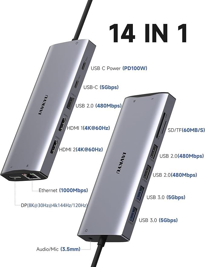 USB C Docking Station 3 Monitors 4K@60Hz, 14-in-1 Laptop Docking Station with 2 HDMI 4K@60Hz, DP 8K@30Hz/ 4K@144Hz, 3 USB 3.0, 2 USB 2.0, RJ45, Audio, PD 100W, USB-C HUB for Windows Laptop Accessories