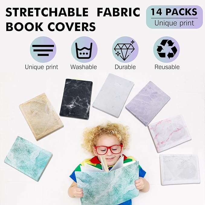 Sherr 14 Pack Stretchable Book Covers Reusable Jumbo Bookcloth 9" x 11" Durable Washable Back to School Book Cover Protector for Most Hardcover Books Textbooks(Fresh,Marble)