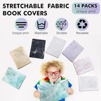 Sherr 14 Pack Stretchable Book Covers Reusable Jumbo Bookcloth 9" x 11" Durable Washable Back to School Book Cover Protector for Most Hardcover Books Textbooks(Fresh,Marble)