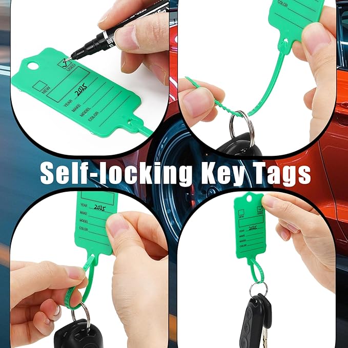 50 Car Key Tags with Labels Plastic Car Dealership Key Tags Self Locking Automotive Identifiers Blank Shop Labels with One Pen (Green)