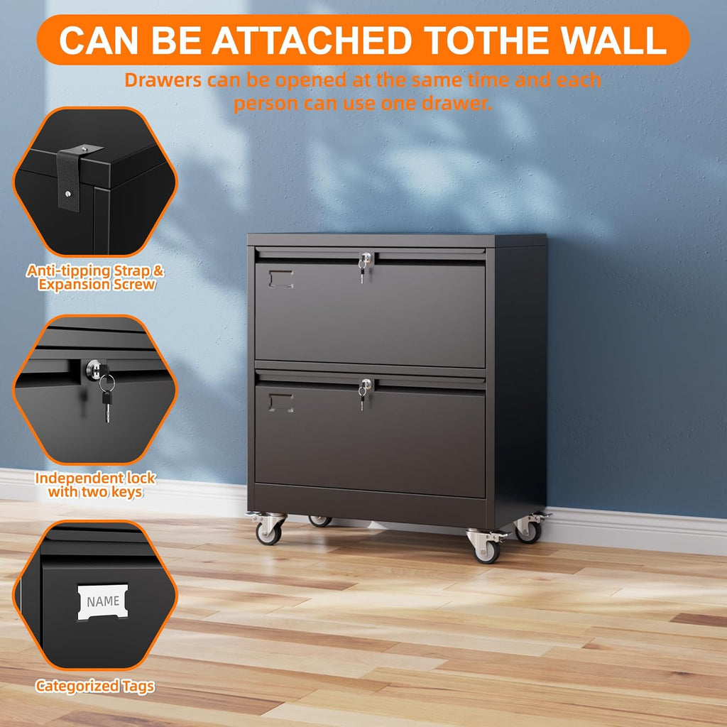 METAN Upgrade 2 Drawers Lateral File Cabinet on Wheels,Steel Office Filing Storage Cabinet with 2 Locks,Assembly Required,Black