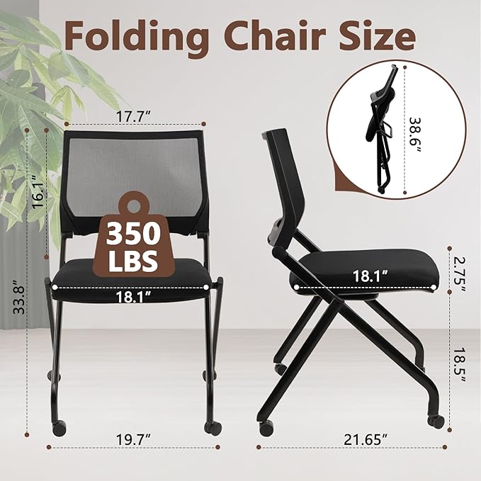 CLATINA Stackable & Foldable Conference Room Chairs, Waiting Room Chairs with Wheels & Lumbar Support, Ergonomic Mesh Bouncing Back Folding Chair for Office Meeting Schools Training Room, Black(2pk)