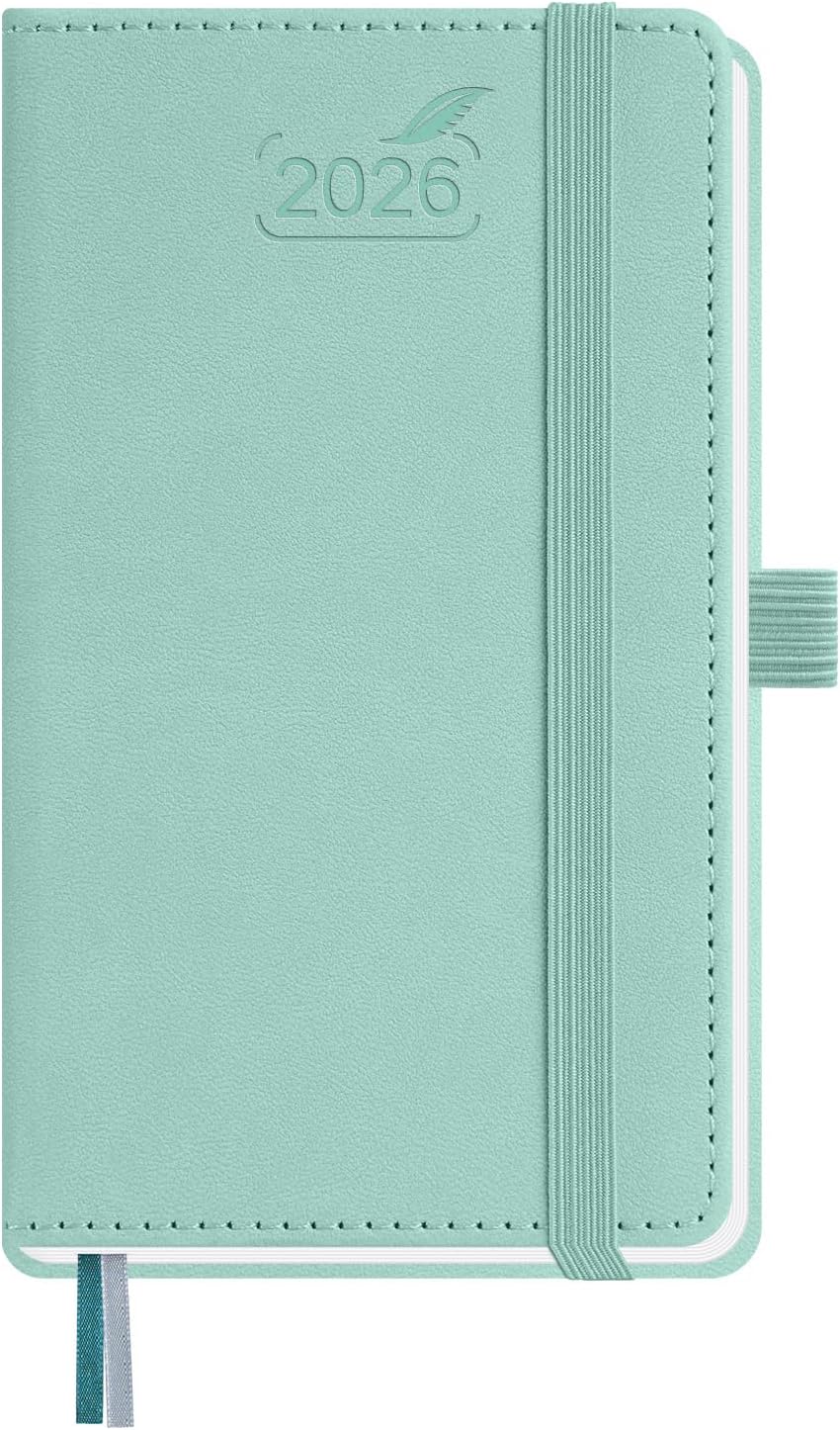 BEZEND Pocket Calendar 2026 Weekly and Monthly (3.5" x 6") Small Daily Planner for Purse (Jan-Dec) with Notes & Expenses, Inner Pocket, Pen Holder, Vegan Leather Hardcover - Mint Green