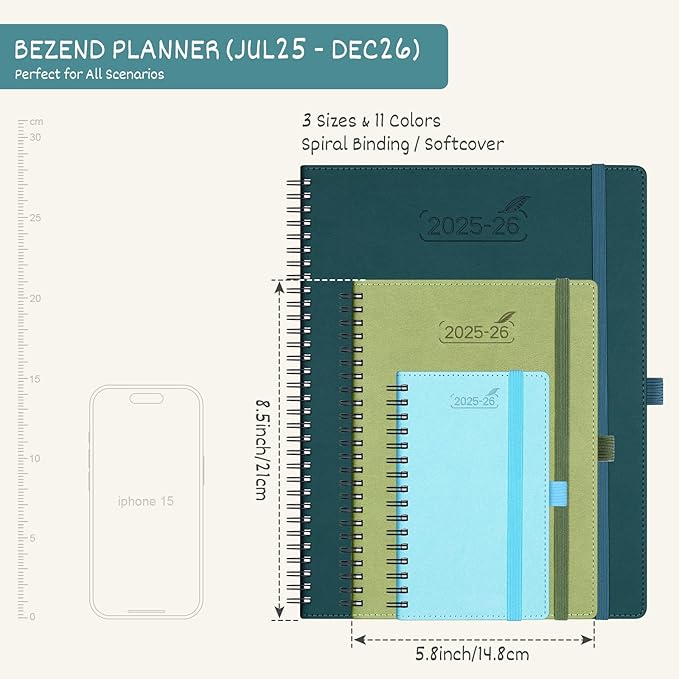 BEZEND Planner 2025-2026 Weekly and Monthly, 5.8" x 8.5" Academic Calendar (Jul 25-Dec 26) Vertical Daily Appointment with Hourly Timeslot & Monthly Tab, Spiral, PU Leather Softcover - Mint Green