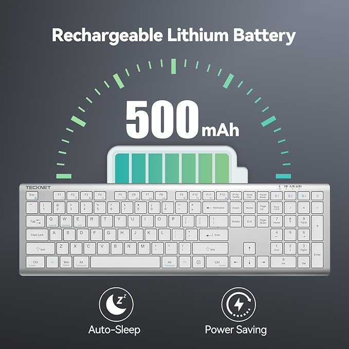 TECKNET Bluetooth Keyboard Rechargeable, 4-Device Free Switching (2.4G+BT), Ultra-Slim Full Size Wireless Keyboard, Quiet Typing, for PC/Laptop/Smart TV/Phone, Adjustable Stand, 12 Multimedia Keys