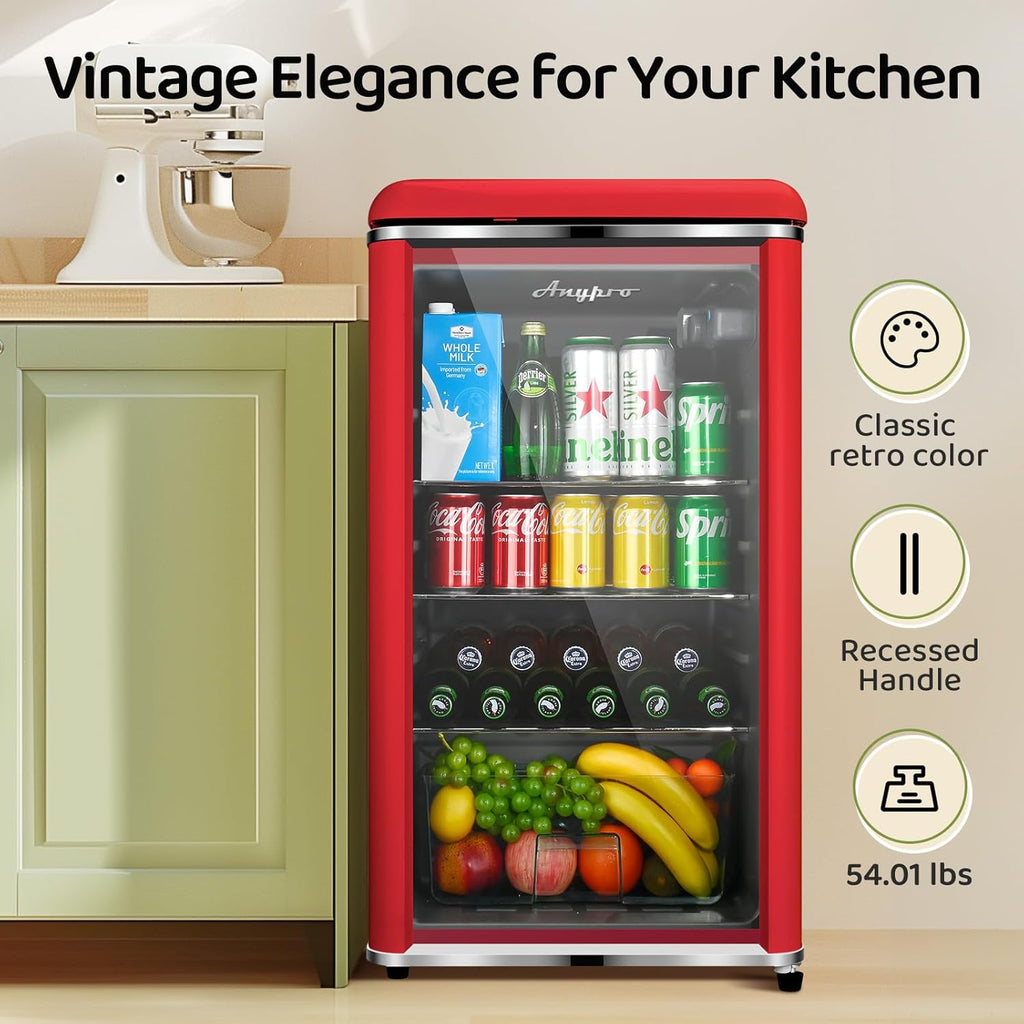 4.9 Cu.Ft Retro Small Beverage Refrigerator Cooler with Double Tempered Glass Door, 120 Can Wine Drink Beer Mini Fridge for Office Bedroom Bar with 7 Temperatures, Adjustable Shelves, Red