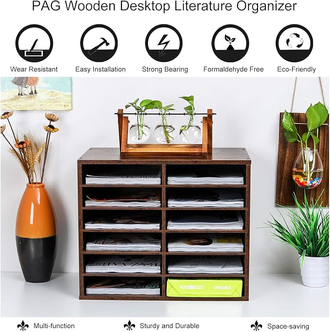 PAG Countertop Mail Sorter Organizer, Wooden Literature Organizer, Student Mailbox for Classroom, Desktop Bill Organizer for Office Home School, 12 Compartments, Antique Brown